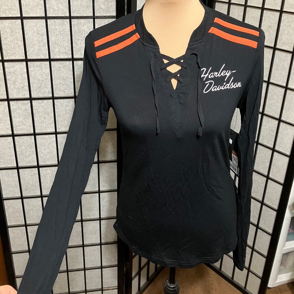 🦅NWT HARLEY DAVIDSON LONG SLEEVE, LACE UP  V-NECK SHIRT, SEXY STRETCHY GENUINE